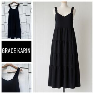 GRACE KARIN Black Tiered Maxi Dress Ruffle‎ Straps V Neck Sleeveless Flowy XL